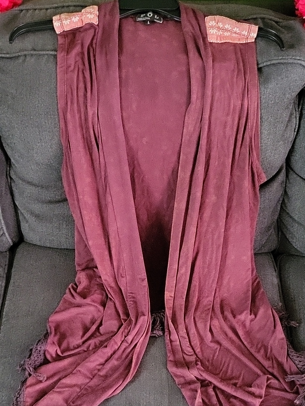 POL Burgundy Draped Open-Front Sleeveless Wrap/vest